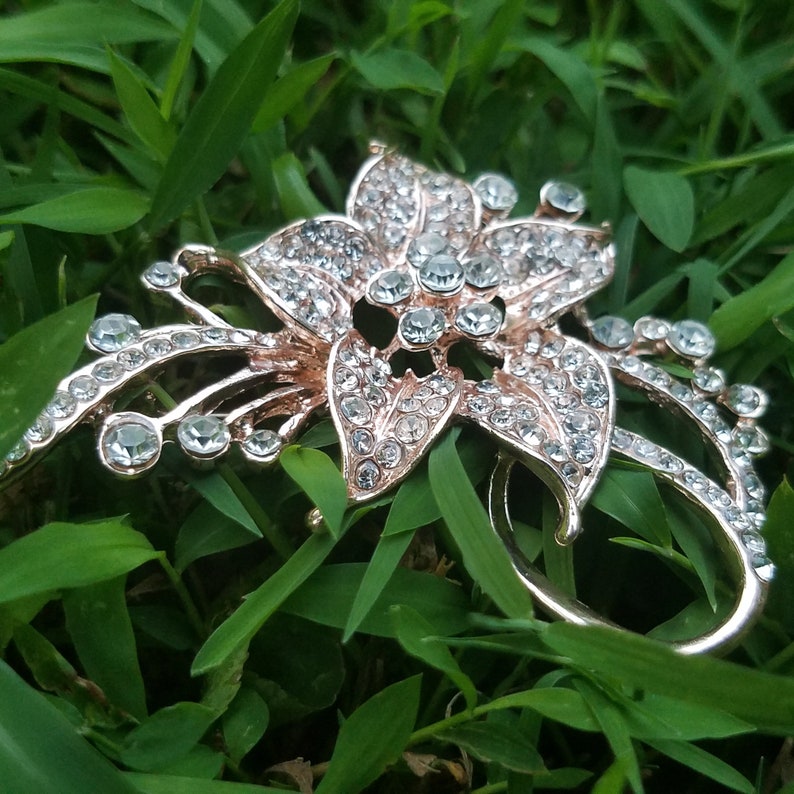 Long Rose Gold Tone Rhinestone Flower Embellishment or Pin Etsy