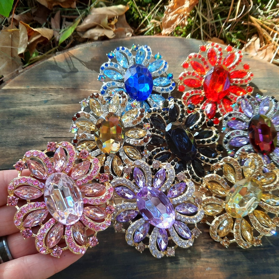 AliciasOddities Large Colorful Rhinestone Flatback Embellishment or Pin Choose Pink Blue Red Purple Black Beige Yellow w/ Silver or Gold Tone Brooch G/S40