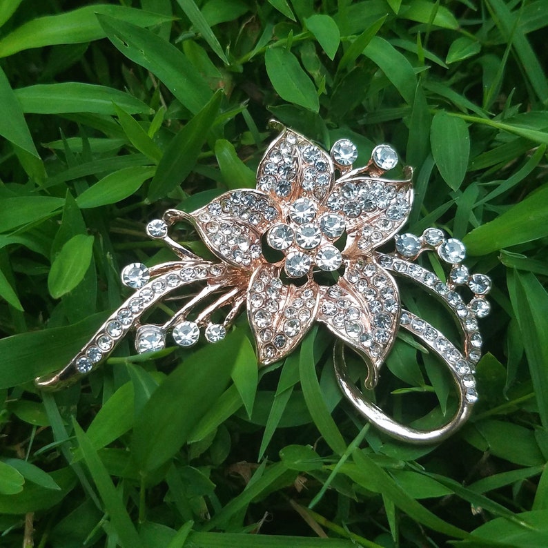 Long Rose Gold Tone Rhinestone Flower Embellishment or Pin Etsy