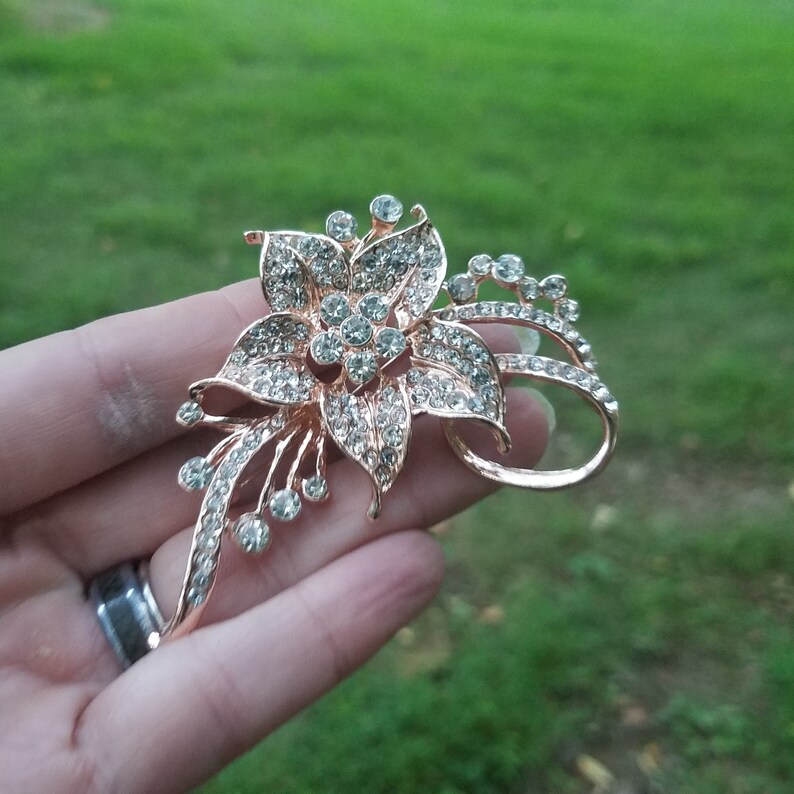 Long Rose Gold Tone Rhinestone Flower Embellishment or Pin Etsy
