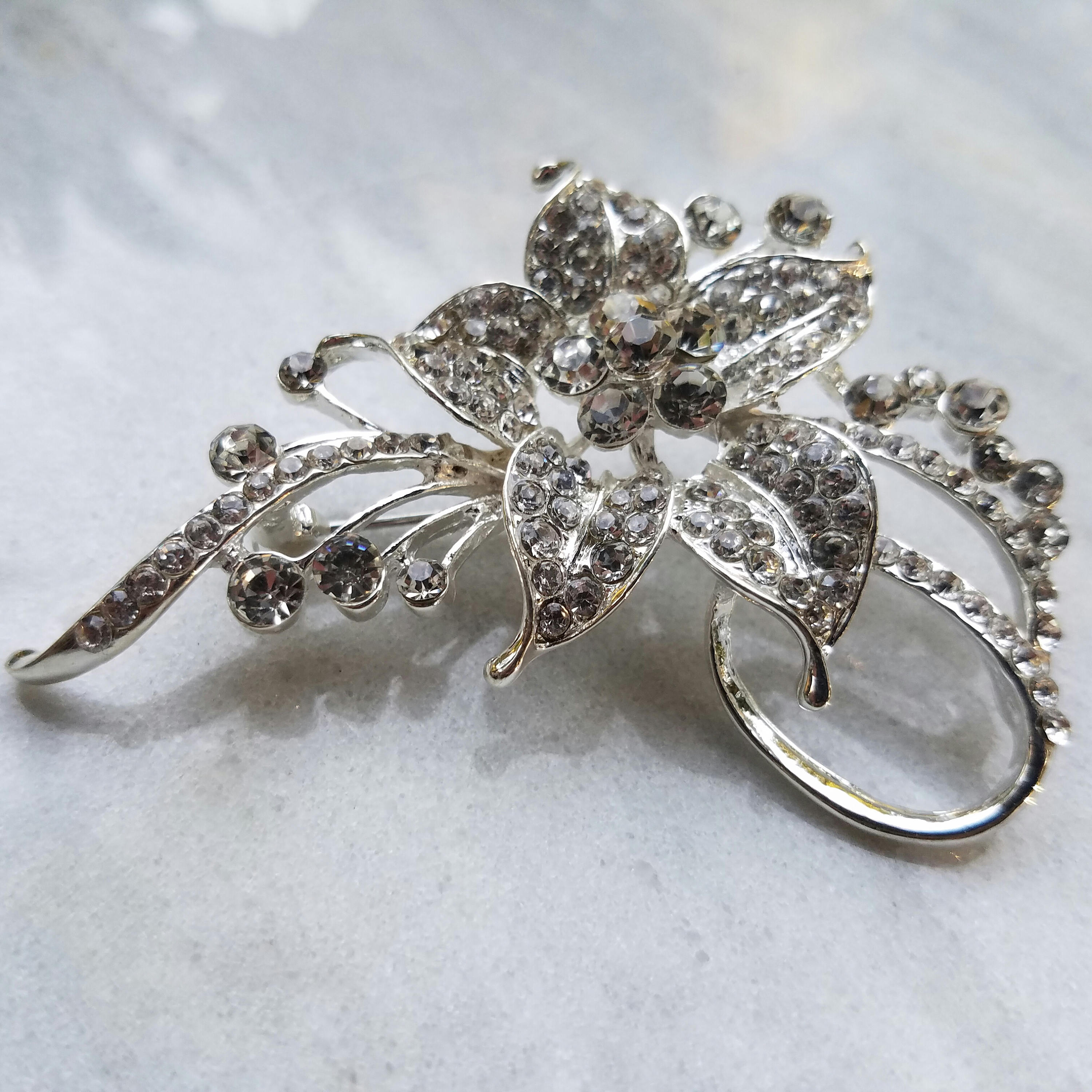 Long Rhinestone Flower Embellishment Flat Back or Pin Silver 