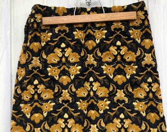 Vintage / 1960s 1970s / Chenille Tapestry / Mini Skirt / Floral Patten / Gold & Black / Size XS-S