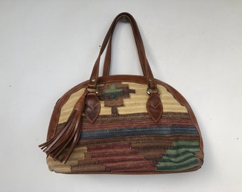 Vintage 1980s / 1990s  Native Rug /Tapestry / Leather Handbag / Kilim Purse