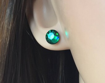 EMERALD GREEN SWAROVSKI Crystal Earrings, Green Post Earrings, Sterling Silver Studs, Bridal And Bridesmaids Earrings, Ballroom Jewelry