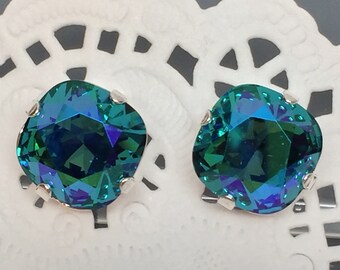 EMERALD Shimmer SWAROVSKI Crystal EARRINGS Post Earrings Large Emerald And Silver Stud Earrings Ballroom And Bridal Jewelry May Birthstone