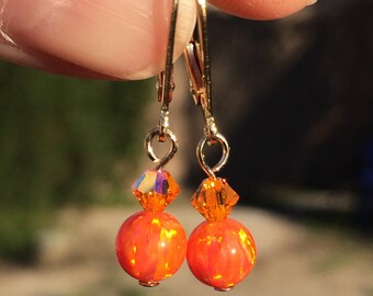 ORANGE OPAL And SWAROVSKI Crystal Earrings Fiery Orange Drop Leverback Earrings October Birthstone Ballroom And Bridal Earrings Unique Gift