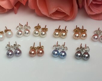 6mm Swarovski Pearl Stud Earrings: Sterling Silver or 14k Gold