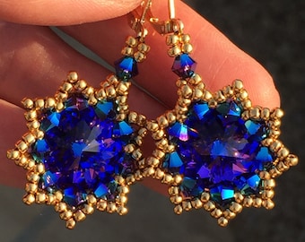 Handwoven Purple Swarovski Crystal Star Earrings, Artisan Celestial Beaded Earrings with Gold Filled Leverbacks