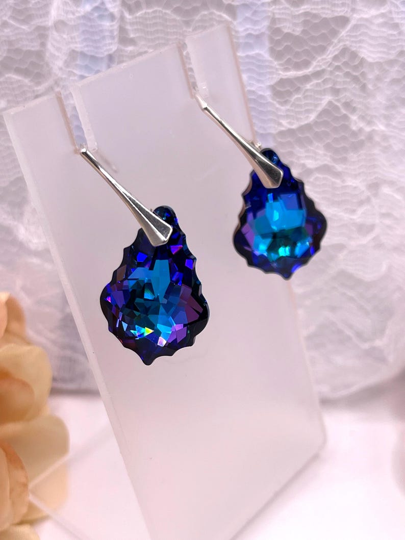 BLUE PURPLE Heliotrope Swarovski crystal EARRINGS, Baroque Cut, Silver Leverbacks, Drop Earrings image 6