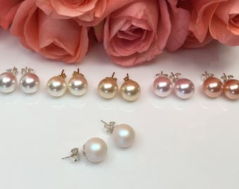 10mm PEARL STUD EARRINGS, Swarovski Pearls, Post Earrings, Bridal Jewelry, Bridesmaid's gift, 14k Gold, Sterling Silver, Womens Classic Gift