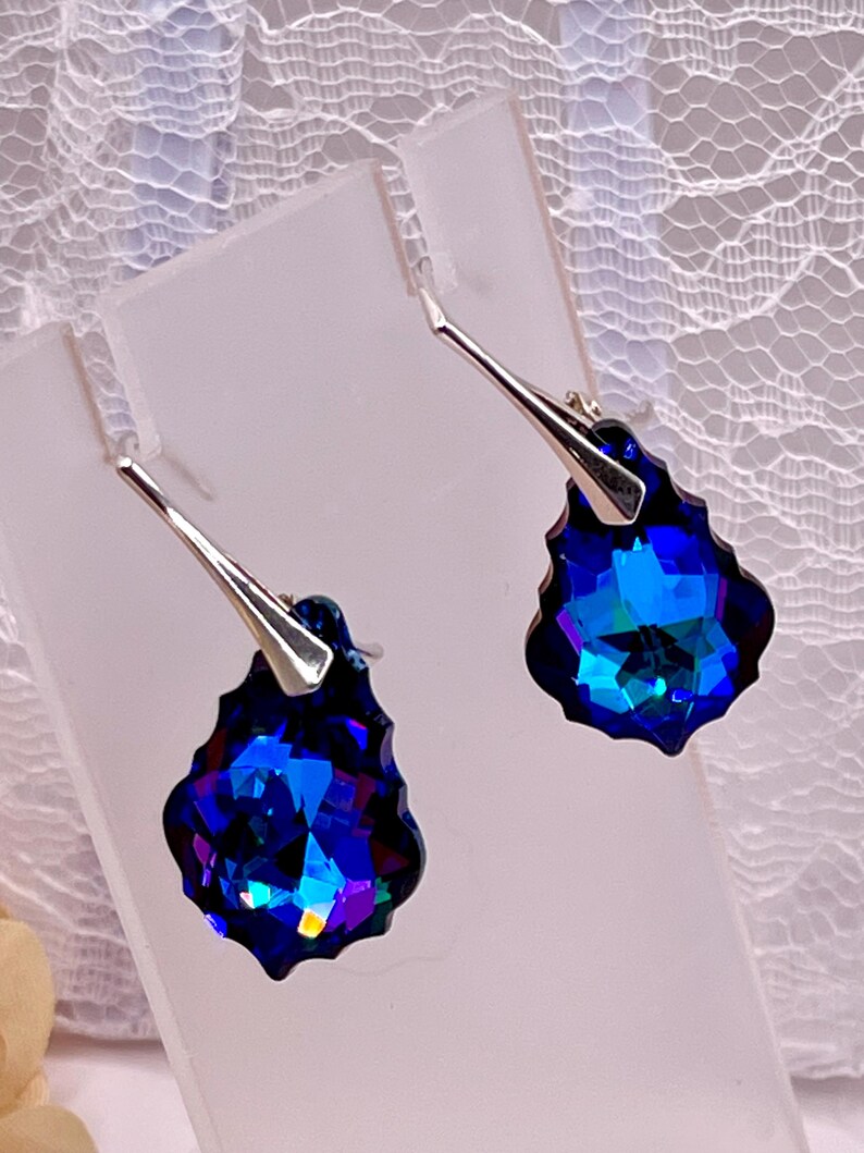 BLUE PURPLE Heliotrope Swarovski crystal EARRINGS, Baroque Cut, Silver Leverbacks, Drop Earrings image 3