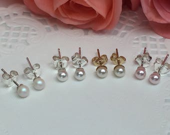 4mm Swarovski Pearl Stud Earrings: Sterling Silver or 14k Gold