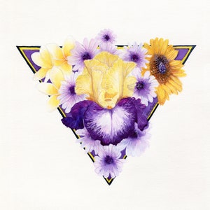 Puede incluir: Una pintura de acuarela de un iris morado y amarillo con flores amarillas y blancas que lo rodean. Las flores están dispuestas en forma de triángulo con un fondo morado.
