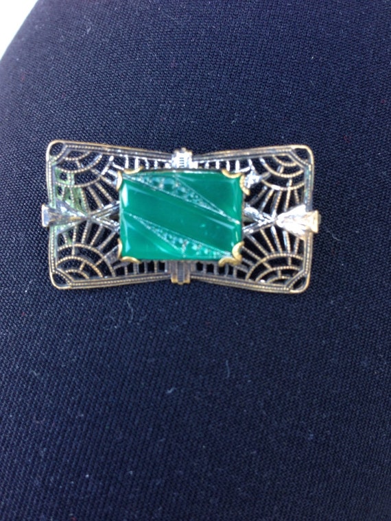 Art deco brooch with green carved glass - image 1