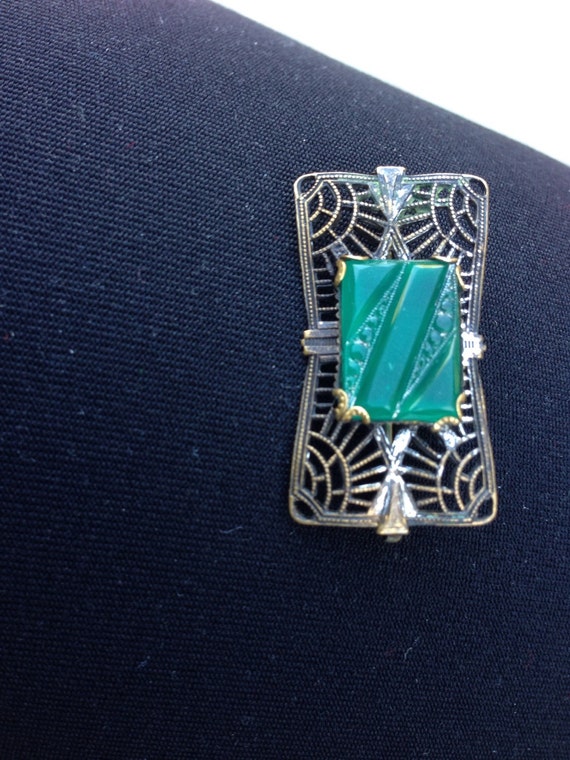 Art deco brooch with green carved glass - image 2