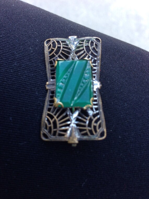 Art deco brooch with green carved glass - image 4