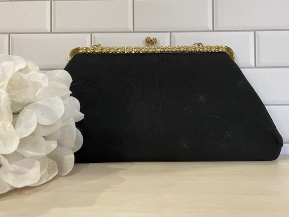 Evening Bag, vintage, black satin, rhinestones, g… - image 1