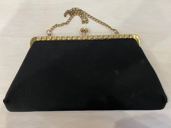 Evening Bag, vintage, black satin, rhinestones, g… - image 2