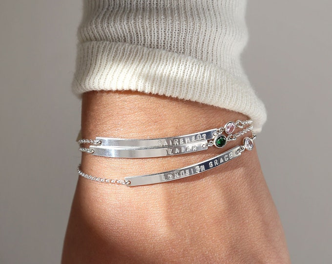 Personalized Sterling Silver Bar Bracelet with Birthstone / Custom Name & Date Bracelet