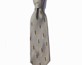 Vintage Donna Karan Signature Mens Neck Tie Gray Gold Italian Silk Geometric Print 1990's Made USA Elegant Luxurious Classic Silk Men's Tie