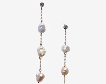 Triple pearl earrings / Baroque pearl earrings / Long pearl earrings / Diamond pearl earrings / Wedding bridal earrings / 14k gold filled