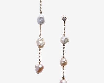 Triple pearl earrings / Baroque pearl earrings / Long pearl earrings / Diamond pearl earrings / Wedding bridal earrings / 14k gold filled