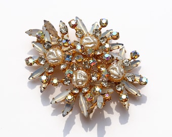 1950s Rhinestone Pearl Brooch: Floral Spray, Aurelia Borealis, Gold Tone