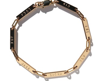 14k Gold Filled Multi Name Bar Bracelet with Paperclip Chain, Family Name Bracelet, Mom Gift