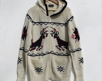 Vintage 70's Cowichan Style Mens Zip Up Sweater by Bud Berma featuring Reindeer Stag Hood MEDIUM Cream, Red, Black