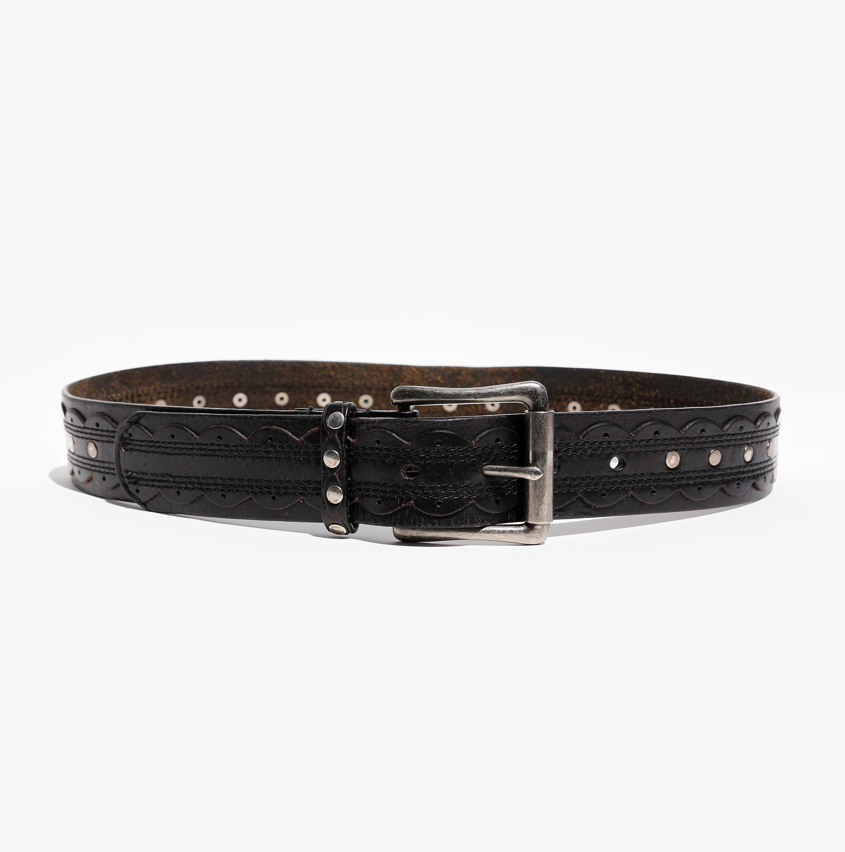Black Leather Silver Studded Belt Crystals Scalloped Edged Silver Buckle Size S Black Leather Studded Scalloped Belt | Cowboy Western Belt  main image 3