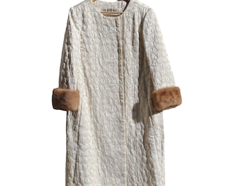 1960's I Magnin Gold Brocade Evening Swing Coat with Fur Cuffs, 1950's Dior Look Retro Glam Wedding Coat