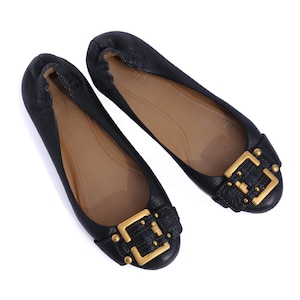 Vintage Y2K Chloe Black Leather Ballerina Flats Shoes Gold Buckle Size 6.5 Round Toe Slip On Elasticated Back Pebble Leather Boho Preppy