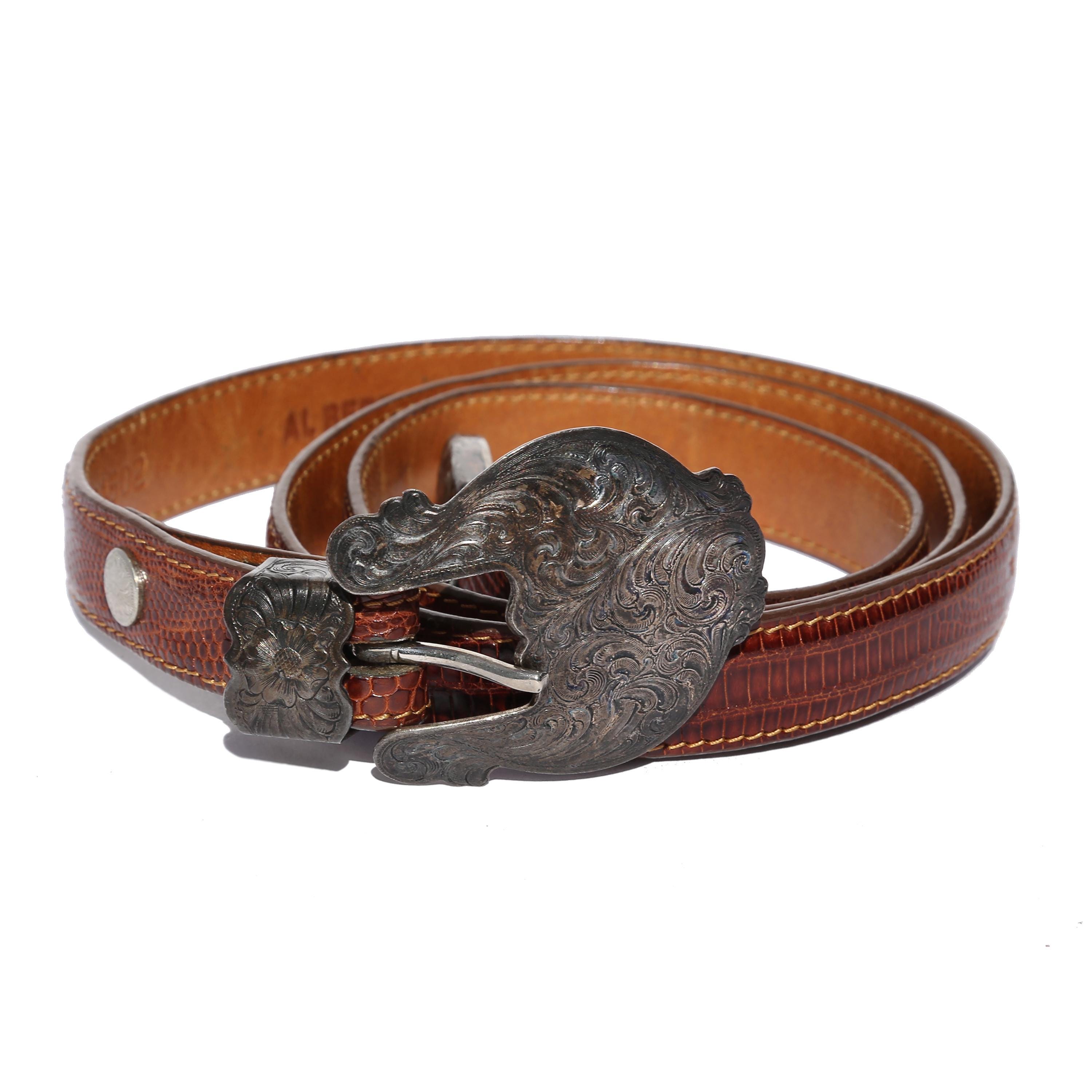 Al Beres Brown Leather Lizard Skin Western Belt Sterling  display picture 3