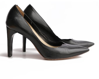 Vintage Costume National Black Leather Stiletto Pumps 1990's Wooden Heel Pointy Toe Italy Size 7 Euro 37.5 High Heels Luxury Brand Shoes