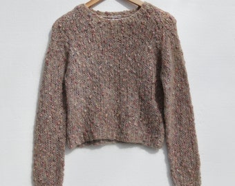 Vintage 80&#39;s Wool Blend Boucle Sweater Beige Pink Thick Cozy Pullover Sweater SML Hand Knitted