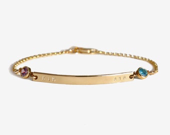 Personalized Double Birthstone Bar Bracelet, 14k Gold Filled or Sterling Silver, Custom Name Bracelet