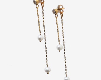 Modern tiny pearl drop earrings / Double chain pearl drop dangle earrings / Diamond post long pearl earrings / 14k gold filled CZ / Bridal
