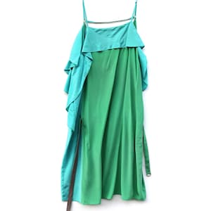 Green Silk Asymmetrical Summer Dress Sleeveless Blue Strappy Dress Draped Layered Waterfall Knee Length Dress Summer Dress with Frills MED