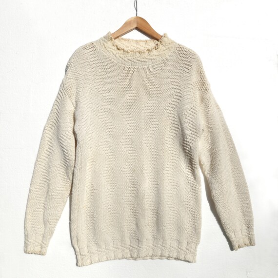 Vintage Andrea Haber Cotton Chunky Sweater Mock Neck Cream 80 s