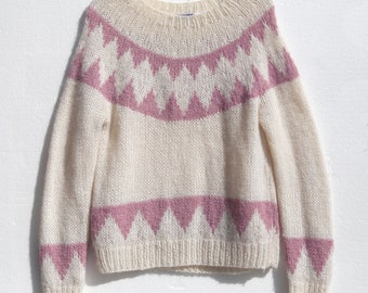 Vintage Nordic Style Wool Blend Sweater Chunky Hand knit Women&#39;s Ivory Pink Geometric Pattern Medium Scandi Icelandic Ski Sweater Handmade