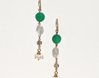 Mixed gemstone pearl earrings / Gemstone drop earrings / Green gemstone quartz diamond pearls / Wedding bridal / Vintage style earrings