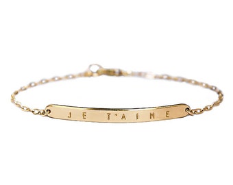 Je t'aime bracelet / Nameplate bracelet / French word bracelet / I love you bracelet / Wedding anniversary gift / gold bar bracelet / luca