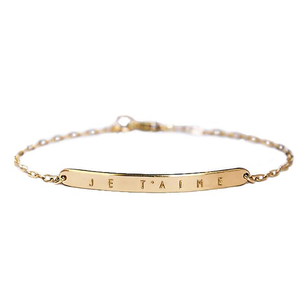 Je t'aime bracelet / Nameplate bracelet / French word bracelet / I love you bracelet / Wedding anniversary gift / gold bar bracelet / luca