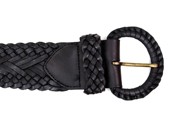Black Braided Leather Belt with Brass Crescent Buckle – Western Boho Style Vintage Black Braided Leather Belt: Rustic Brass Buckle  main image 2