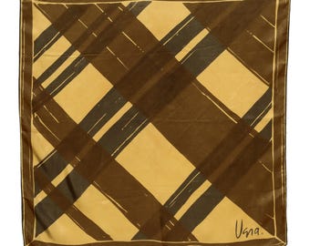 Vintage Vera Neumann Rayon Silk Scarf Abstract Checkered 1980's Bold Graphic Print Yellow Brown Hand Rolled Edges Japan Head Scarf Bandana