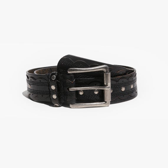 Black Leather Studded Scalloped Belt | Cowboy Western Belt  display picture 1