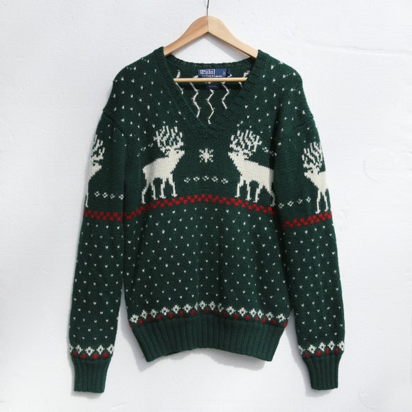 Vintage Polo Ralph Lauren Men's Wool Reindeer Snowflake Sweater Hand Knitted Pullover Mockneck Medium Xmas Sweater Holiday Winter Sweater