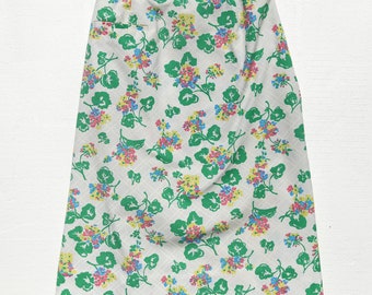 Vintage Floral Cotton A line Knee Length Skirt Retro Cottagecore Plaid Bouquets 70's Landgirl Hippy Pale gray Green Pink Yellow