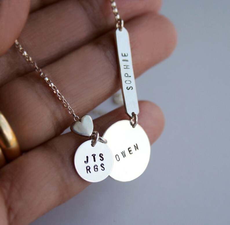 Mom necklace Personalized silver pendant necklace with heart Initial necklace Name bar necklace shopluca Bar necklace