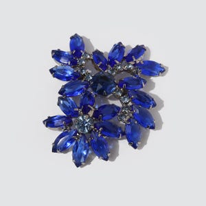 Vintage Sapphire Blue Navette Rhinestone Floral Brooch Prong Set Marquise Mid Century 1960&#39;s Jewelry Floral Pin Open Back Something Blue